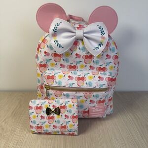 Disney Loungefly Minnie Mouse Floral Mini Backpack and Wallet Set Pink White